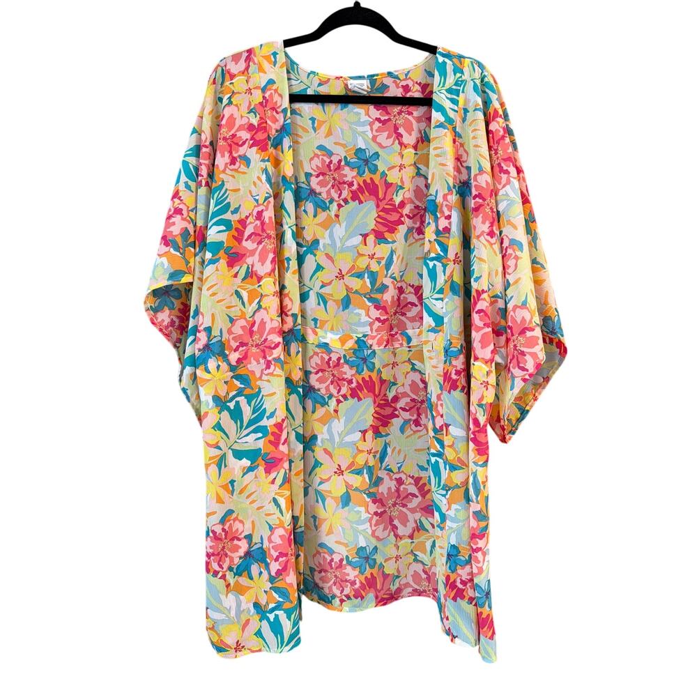 Time and Tru Women's Plus Tropical Flower Print Open Front Kimono Size 2XL 3XL